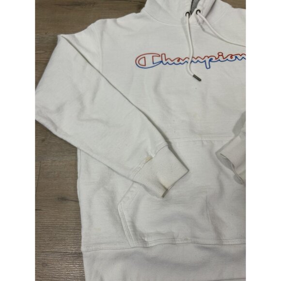 Champion Powerblend Fleece White Grey Chest Logo Pullover Hoodie Size M - Picture 2 of 9